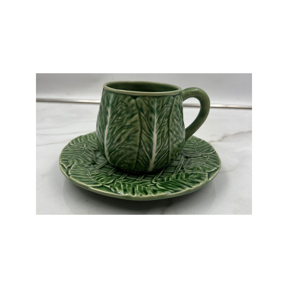 Bordallo Pinheiro Cabbage Green Tea Cup and Saucer Set Made in Portugal Ceramic